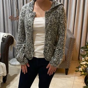 BCBG Hooded Black and White Sweater with jewel bead buttons cardigan